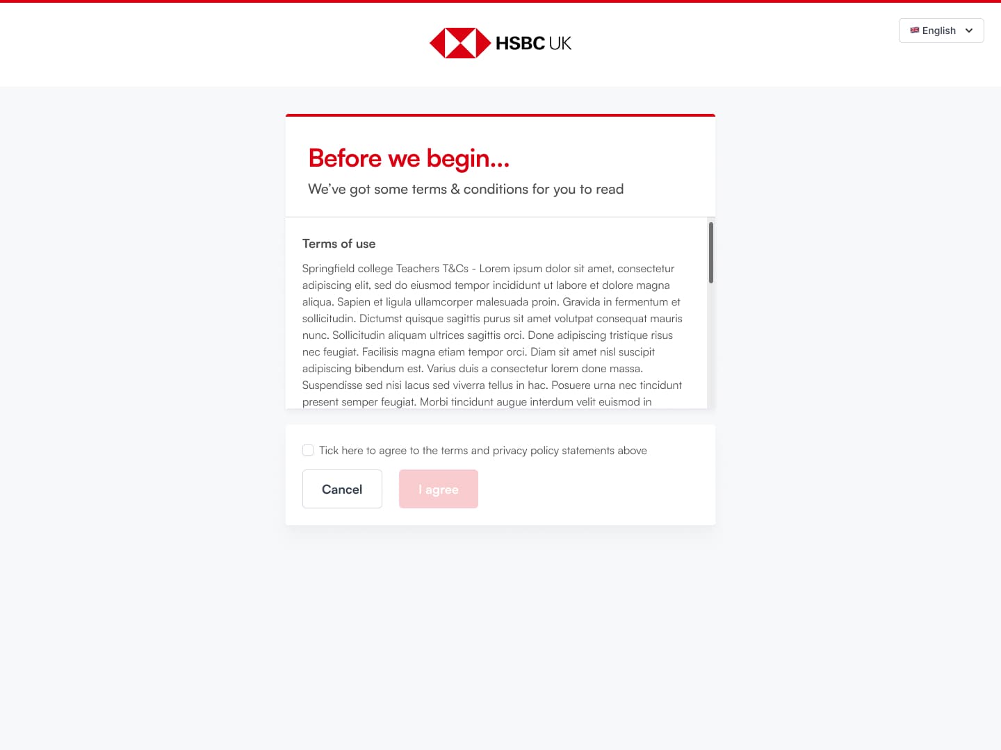 Terms & conditions screen