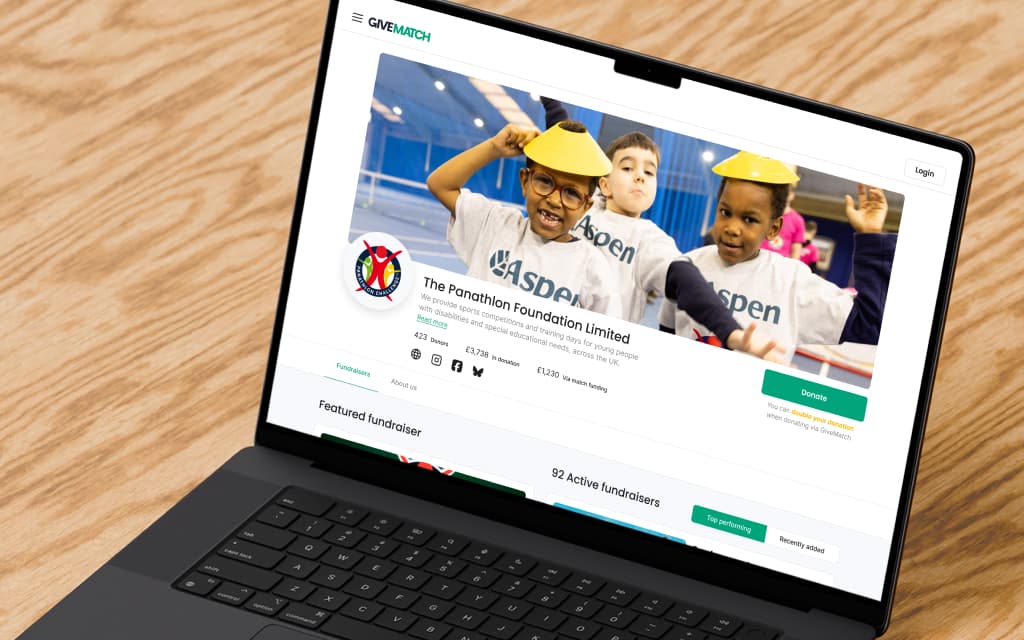 GiveMatch charity homepage — desktop