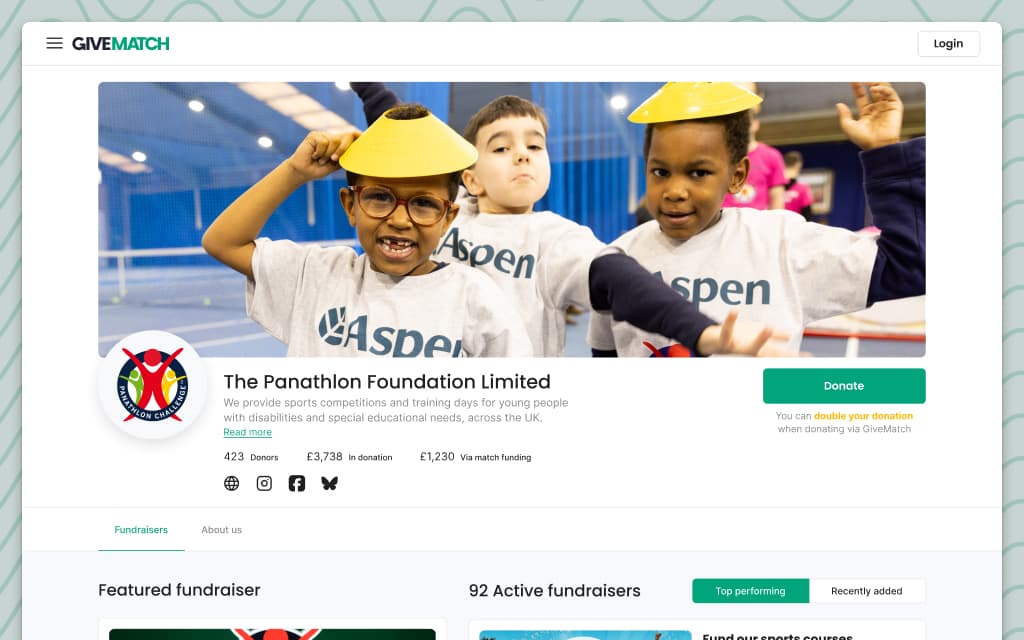 GiveMatch charity page — campaigns section