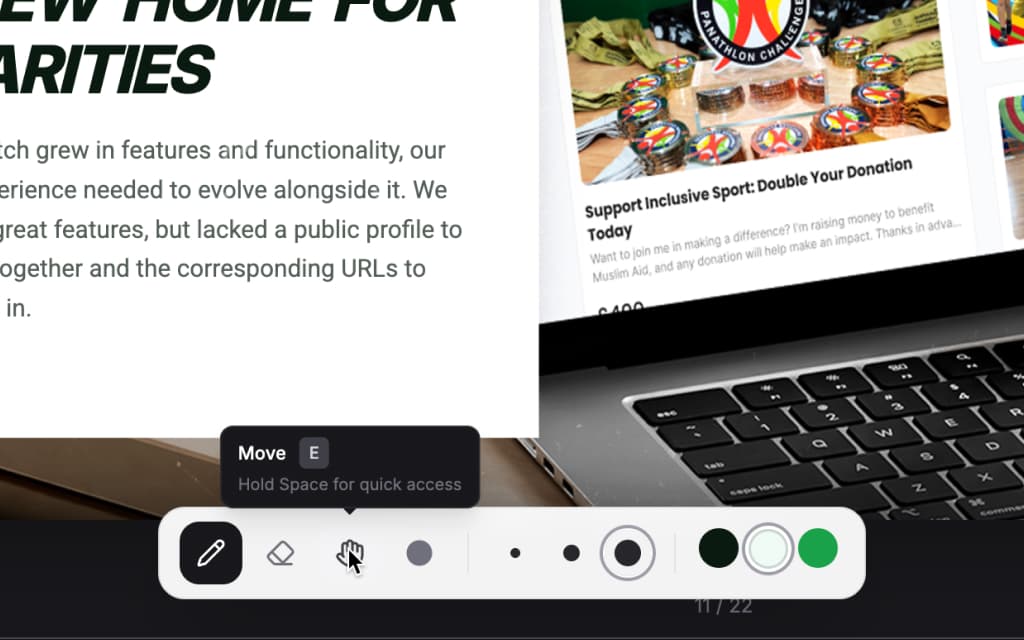 Drawing mode toolbar with move tool