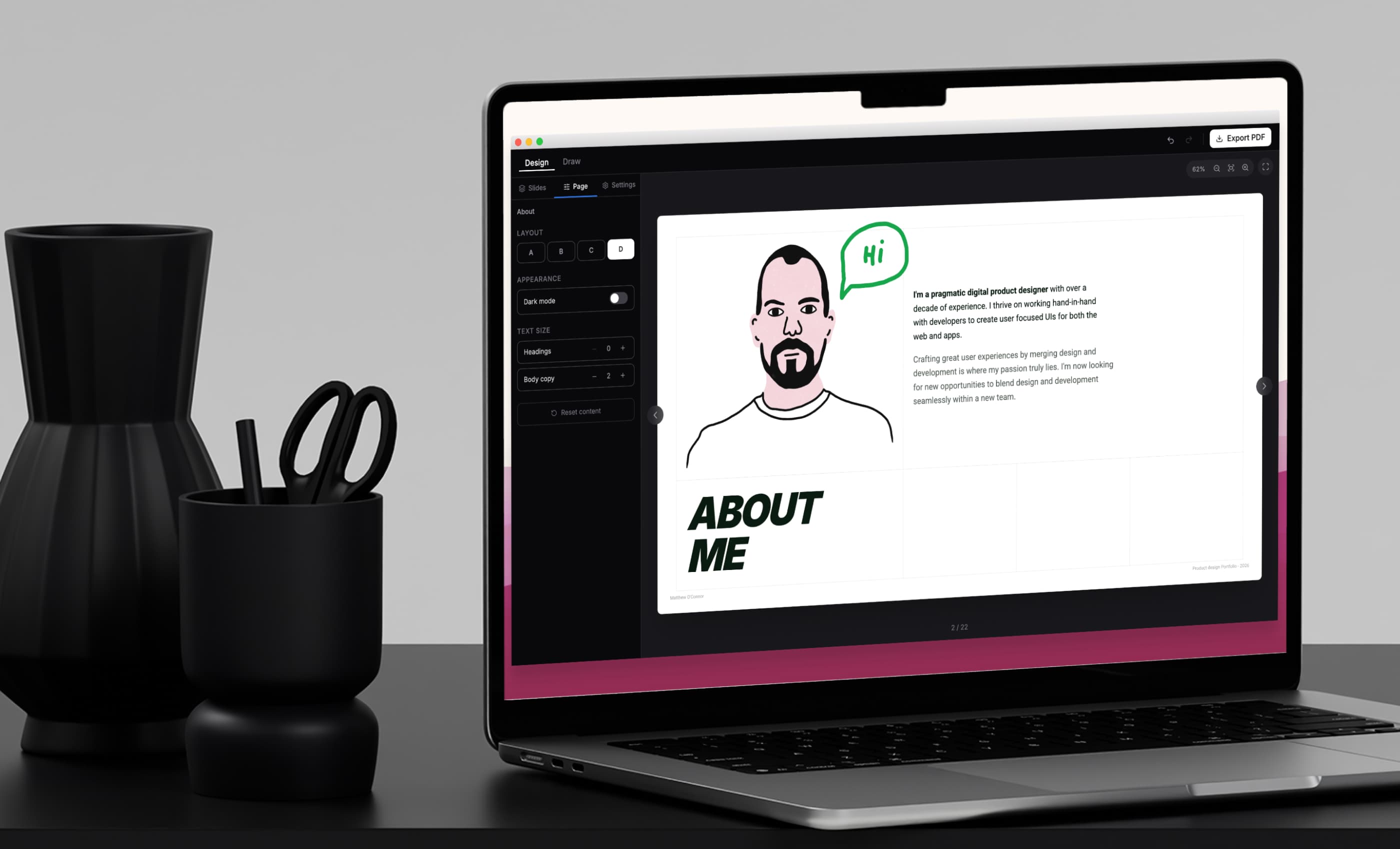 Portfolio builder about me page on laptop